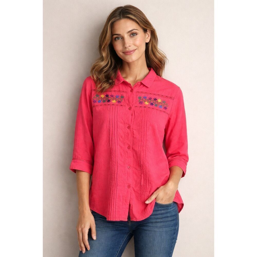 Aranza Pink Embroidered Cotton Button Shirt Women’s Large Boho